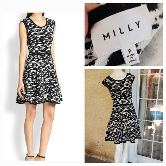 Milly Tent Dress Black‎ Animal Print Sleeveless with Scoop Neck Exposed Zipper - Picture 1 of 4